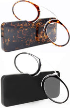 REAVEE 2 Pack Pinch Nose Clip on Reading Glasses Armless for Men Women, No Temple Slim Compact Readers Ultra Thin with Mini Portable Case, Black and Tortoise +2.5