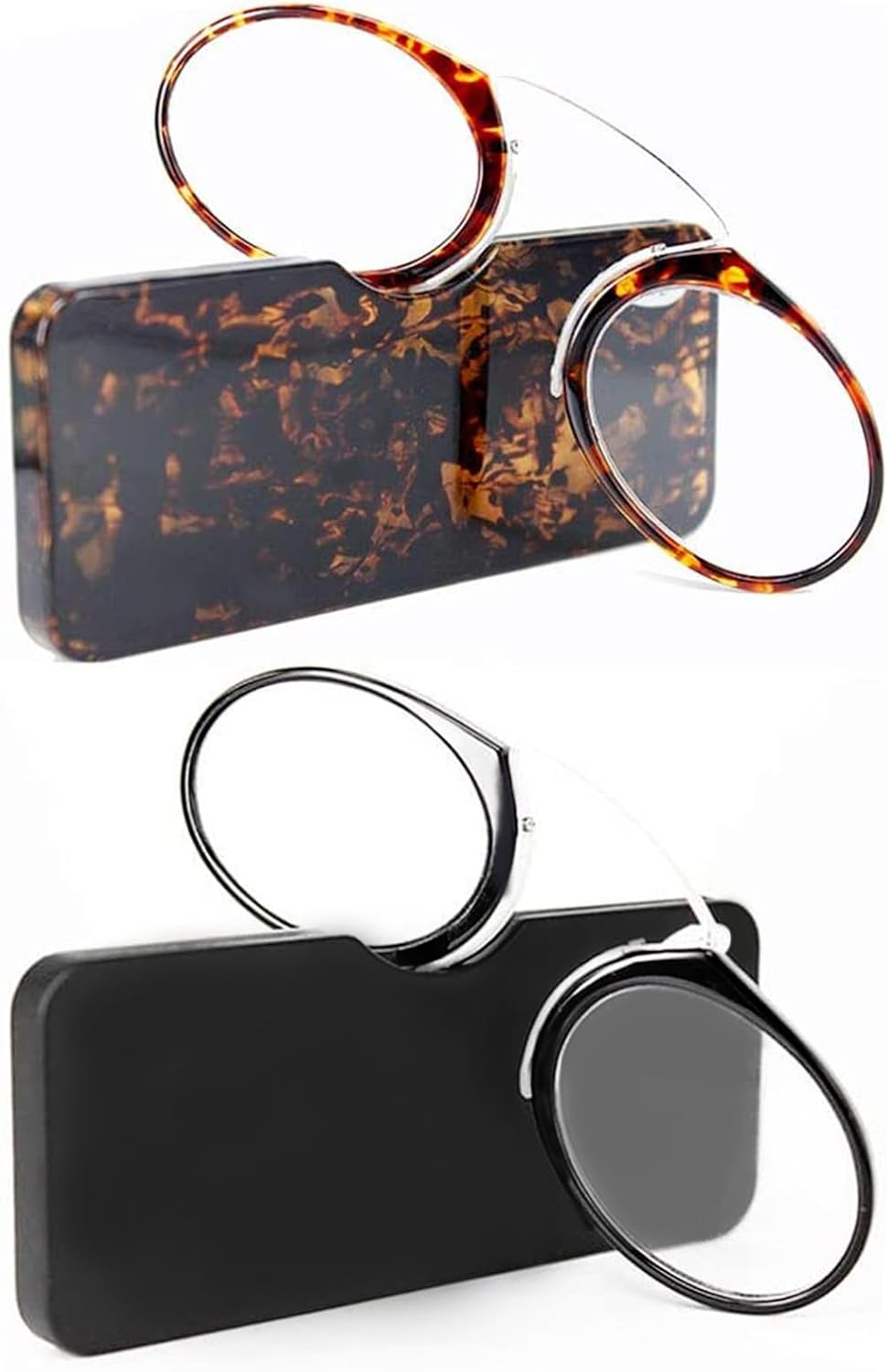 REAVEE 2 Pack Pinch Nose Clip on Reading Glasses Armless for Men Women, No Temple Slim Compact Readers Ultra Thin with Mini Portable Case, Black and Tortoise +1.5