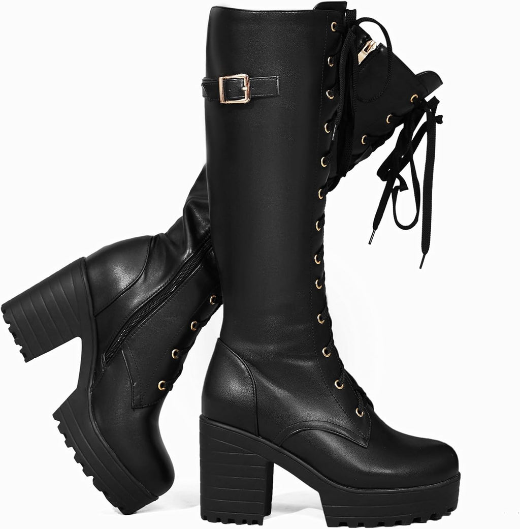 Ladies' Boots Women Fashion Platform Block Heels Knee High Boots Lace up