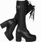 Ladies' Boots Women Fashion Platform Block Heels Knee High Boots Lace up