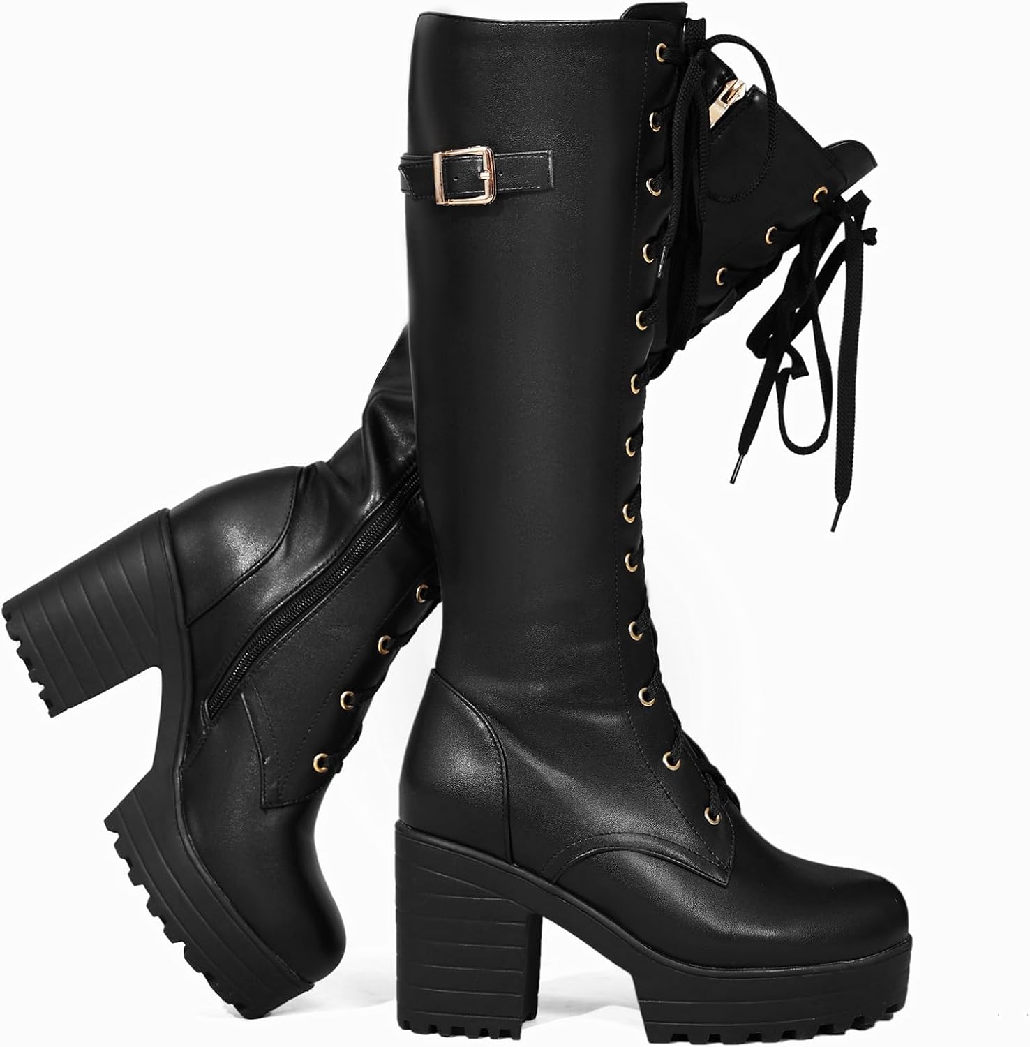 Ladies' Boots Women Fashion Platform Block Heels Knee High Boots Lace up