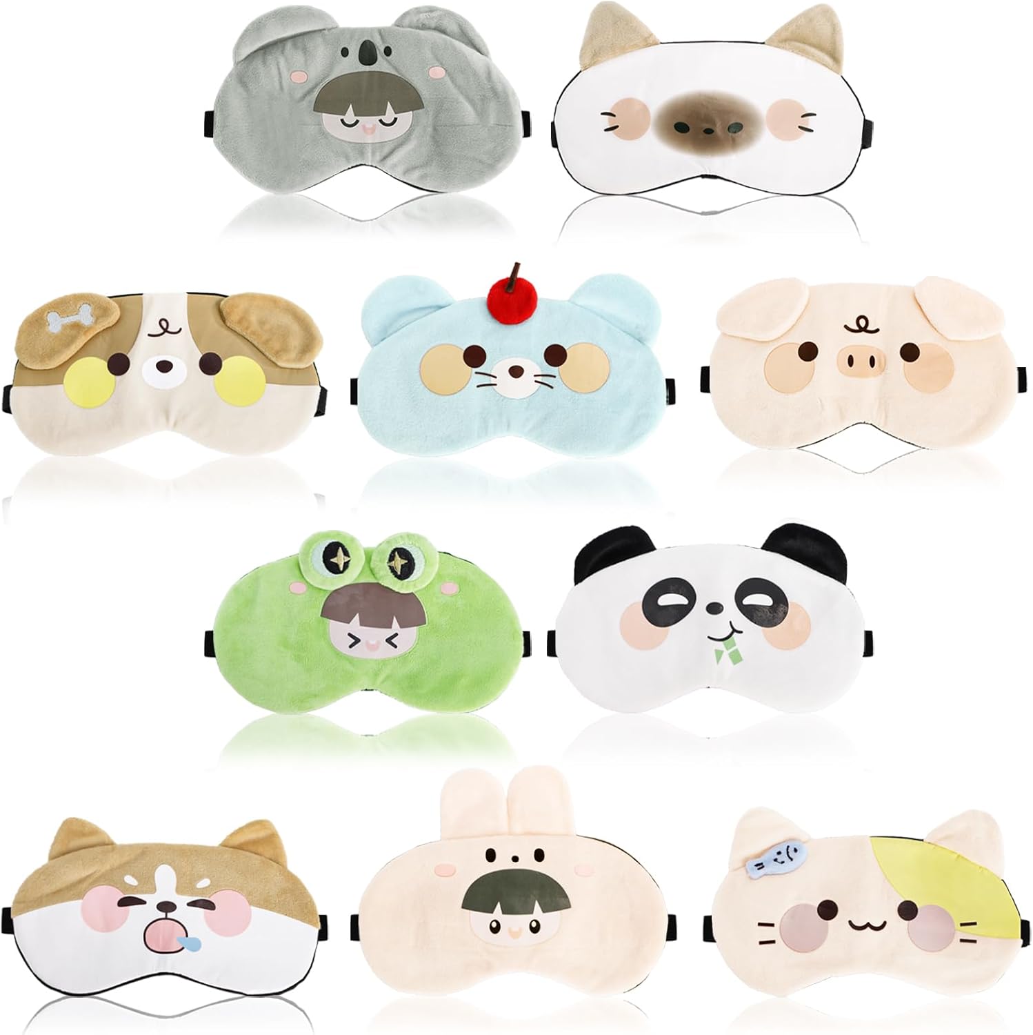 10 Pack Cute Eye Sleep Mask for Kids, Cartoon Animal Eye Cover with Adjustable Strap, Soft Lightweight Night Sleep Blindfolds Funny Cat Eyeshade for Girls Teens Women Men Travel Yoga Nap Party