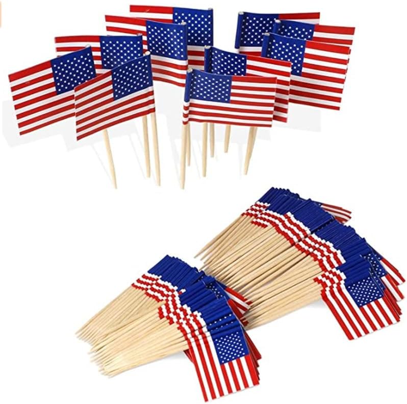 100-Pack 65mm USA Flag Toothpicks, Wooden Paper American Flag Picks, Cupcake Toppers Food Decor for Party 250th Independence Day Holiday Decor (100pcs America Flag)