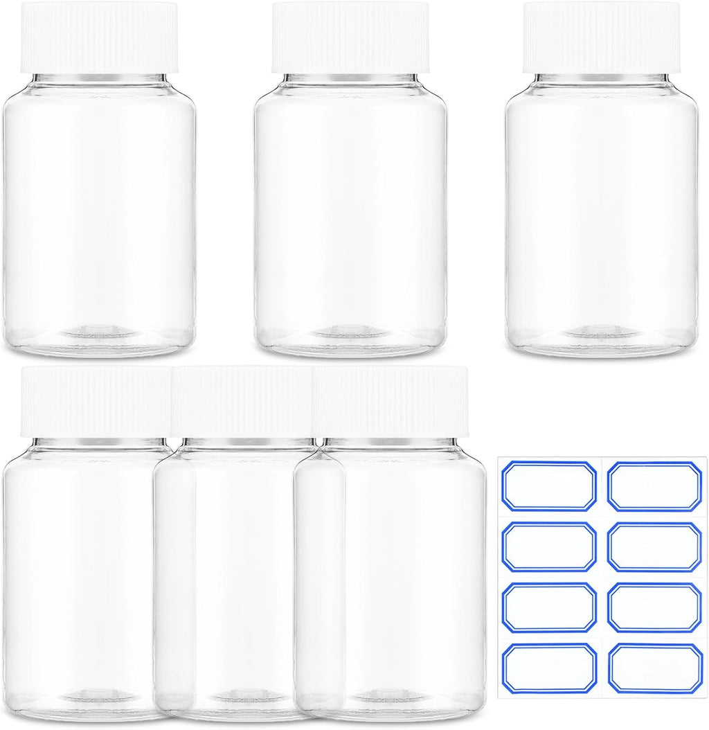Sibba Clear Pill Bottle 6 Pcs Empty Medicine Organizers 30ML Jar Powder Box Storage Transparent Reagent Containers Plastic Dispenser Leak Proof Caps Receptacle for Toiletries Counter Labels