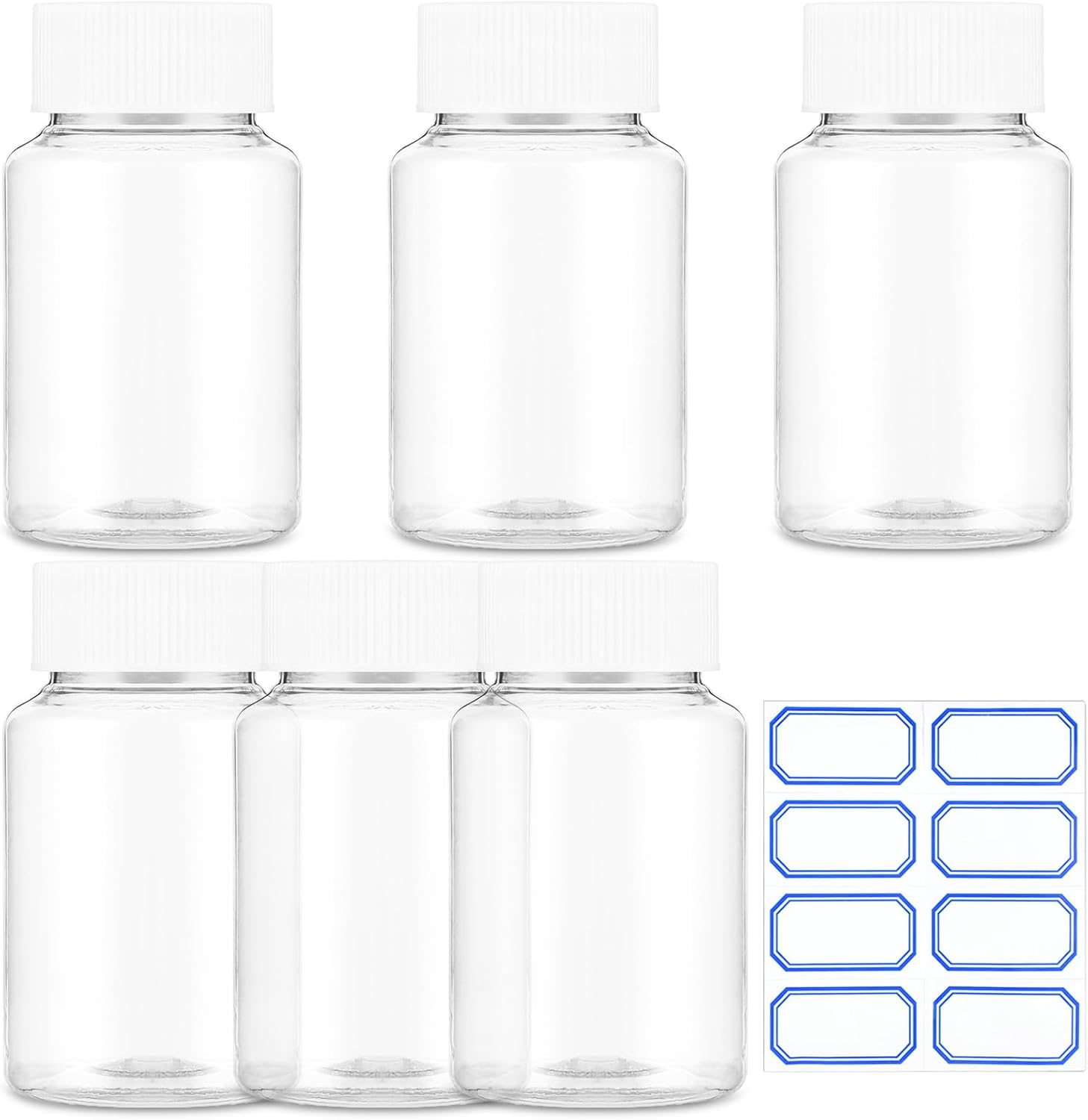Sibba Clear Pill Bottle 6 Pcs Empty Medicine Organizers 30ML Jar Powder Box Storage Transparent Reagent Containers Plastic Dispenser Leak Proof Caps Receptacle for Toiletries Counter Labels