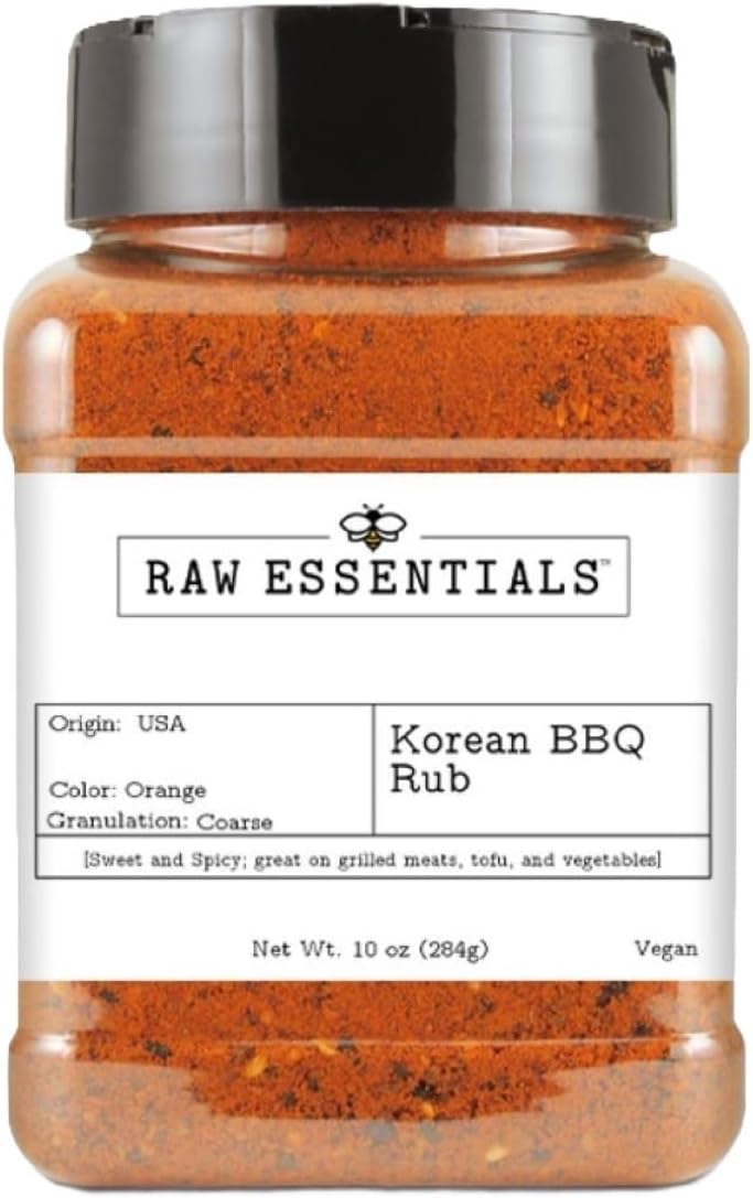 Raw Essentials Korean BBQ Rub - Sweet and Spicy - Great on Grilled Meats, Tofu and Vegetables - Delicious Seasoning Inspired by Asian Cuisine - Vegan - 10 Ounce Bottle