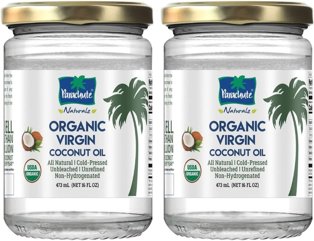 Parachute Naturalz Organic Virgin Coconut Oil | Cold Pressed | Unbleached | Unrefined | Non-Hydrogenated | MCT Oil | USDA Certified |16 Fl. Oz | Glass Jar | Pack of 2