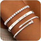 ZOERAY Silver Gold Bangle Bracelets for Women Non Tarnish 14k Gold Plated Stackable Cuff Bracelets for Women Trendy Cubic Zirconia Stainless Steel Chunky Bracelet Stack Set Waterproof Jewelry Gifts