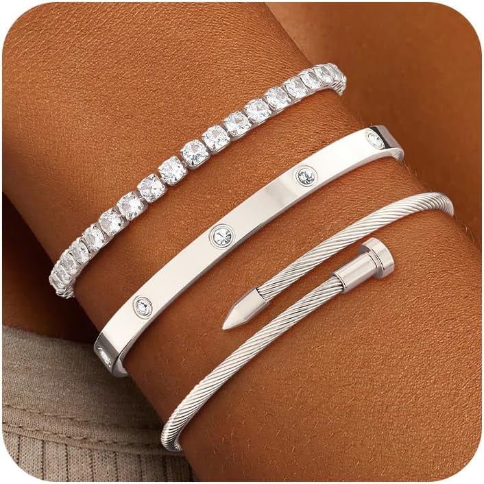 ZOERAY Silver Gold Bangle Bracelets for Women Non Tarnish 14k Gold Plated Stackable Cuff Bracelets for Women Trendy Cubic Zirconia Stainless Steel Chunky Bracelet Stack Set Waterproof Jewelry Gifts