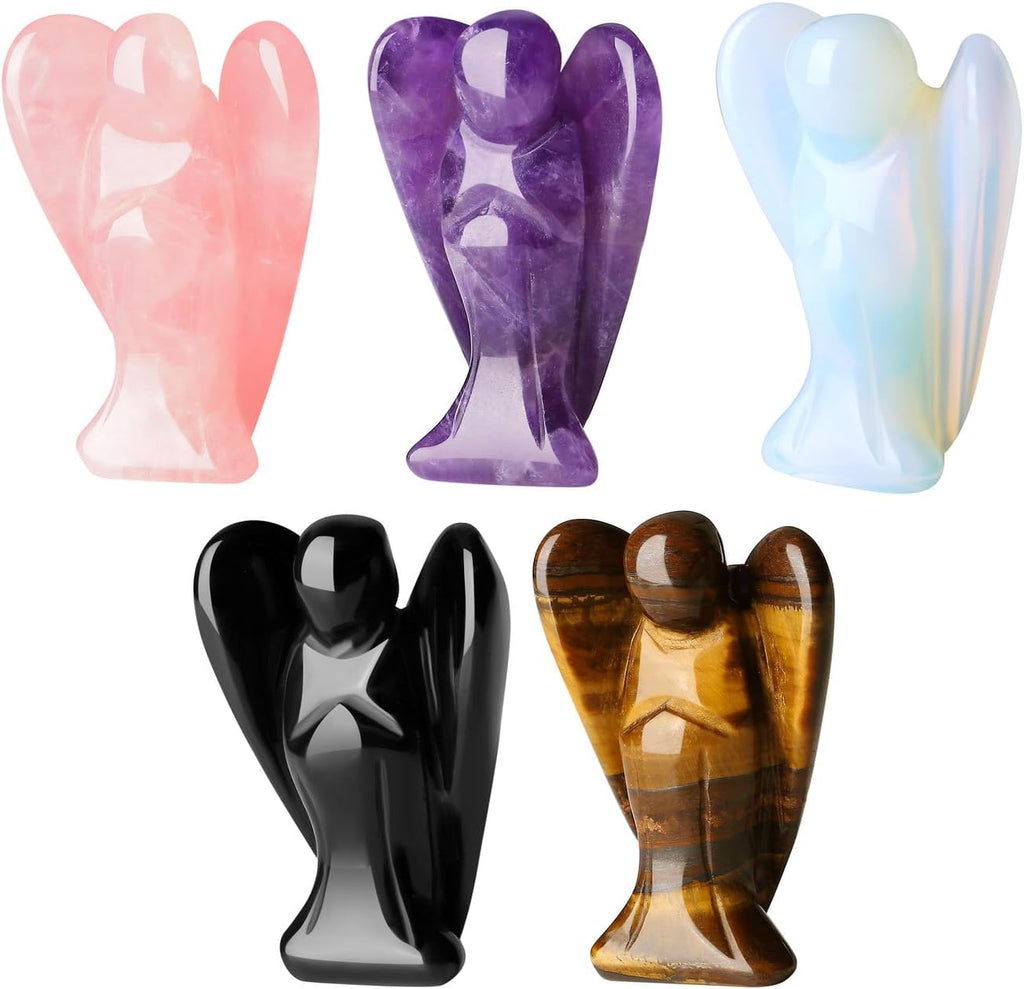 QINJIEJIE 5PCS Crystal Angel Decor Amethyst Rose Quartz Opal Black Obsidian Tiger Eye Polished Stones Statue Cute Carved Gemstone Room Office Desk Guardian Angel Home Reiki Pocket Gift for Women