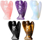 QINJIEJIE 5PCS Crystal Angel Decor Amethyst Rose Quartz Opal Black Obsidian Tiger Eye Polished Stones Statue Cute Carved Gemstone Room Office Desk Guardian Angel Home Reiki Pocket Gift for Women