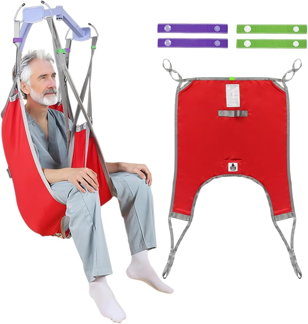 Patient Lift Divided Leg Sling – Heavy Duty 500 lbs Capacity, Easy Hygiene Access with Handles & Pocket, Machine Washable – Small/Medium/Large for Elderly, Disabled & Bariatric Care (Red, L)