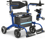 Electric Wheelchair for Adults Rollator Walkers for Seniors with Seat, 3 in 1 Transport Motorized Wheelchair Lightweight Foldable Compact Portable Electric Wheelchair Rollator Combo (Blue)