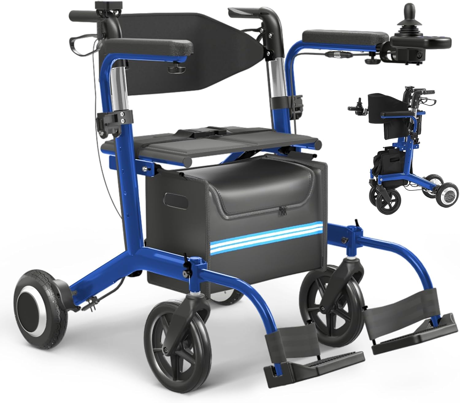 Electric Wheelchair for Adults Rollator Walkers for Seniors with Seat, 3 in 1 Transport Motorized Wheelchair Lightweight Foldable Compact Portable Electric Wheelchair Rollator Combo (Blue)