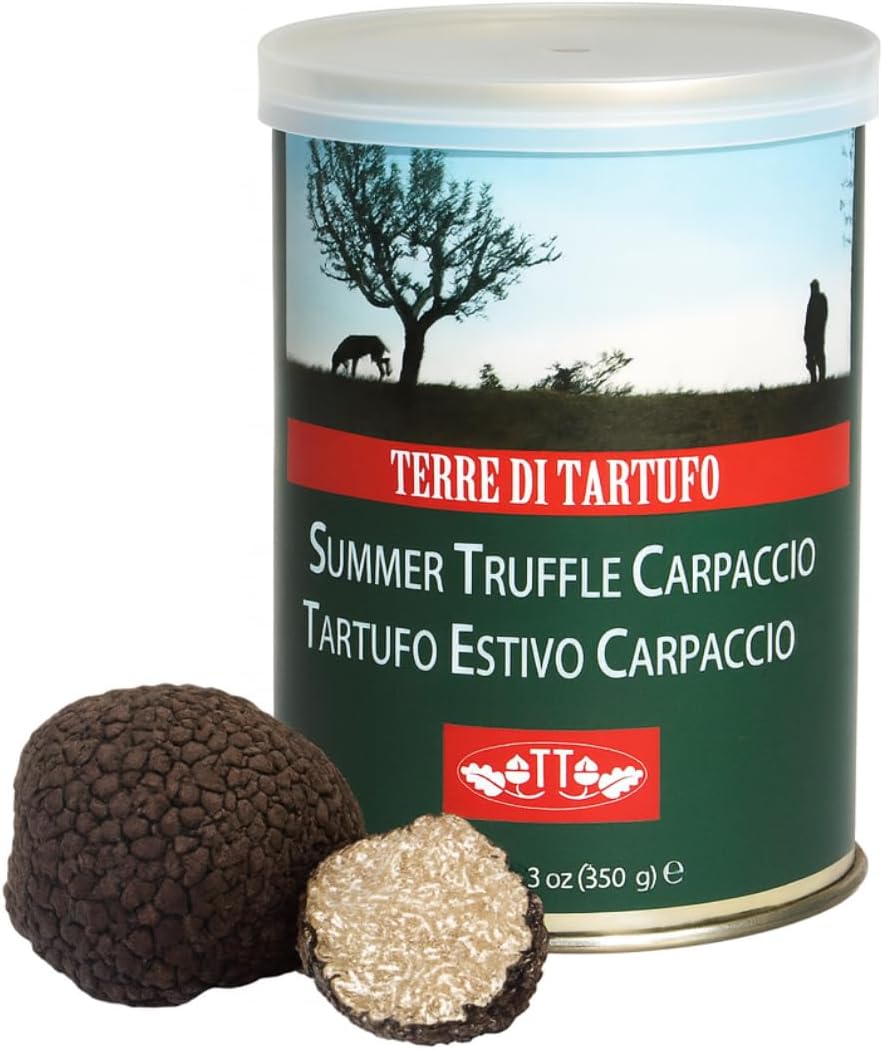 Terre di Tartufo Summer Truffle Carpaccio – Italian Black Summer Truffle Slices in Oil – Gourmet Ready-to-Use Truffle Garnish – Perfect for Pasta, Eggs & Risotto – 12.3oz (350g)