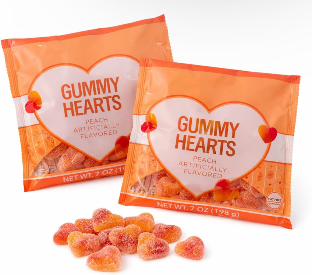 Peach Flavored Jelly Hearts Gummy 7 oz (2 Bags), Fat Free Red, Creamy Peach Love Hearts