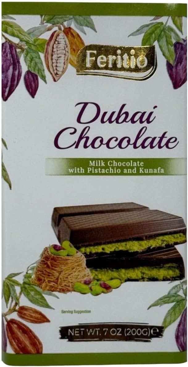 Feritio Dubai Chocolate Bar (7.0 Oz/200 G - Chocolate/Kunafa/Pistachio)