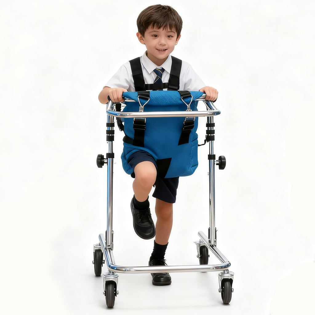 Folding Walker for 31-47in Children, Adjustable Kids Walking Frame with Wheels and Seat, Mobility Rollator for Cerebral Palsy Rehabilitation and Daily Walking Support (Brown)