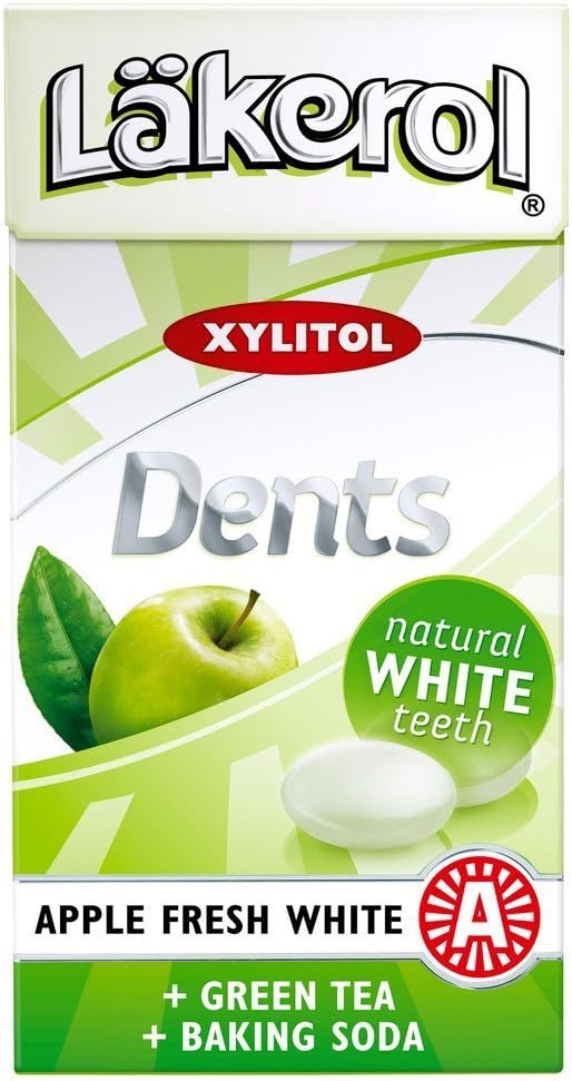 4 Boxes x 36g of Läkerol Dents Apple - Natural White Teeth - Original - Swedish - Sugar Free - Xylitol - Pastilles - Lozenges - Dragees - Drops - Candies - Sweets