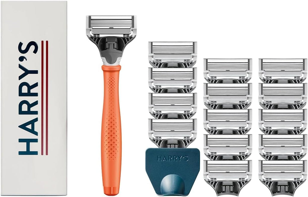 Harry's Original Shaving Kit for Men - Razor Handle, 15 Razor Blade Refills, and Travel Blade Cover - German Engineered - Orange
