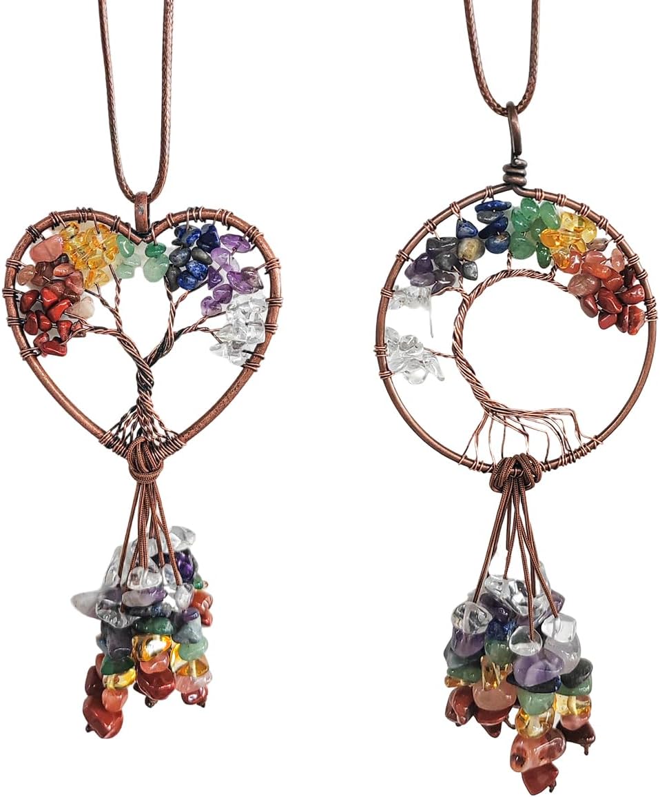 2PCS Tree of Life Car Mirror Hanging Accessories, 7 Chakra Stones Life Tree Rearview Mirror Hanger, Automotive Healing Crystal Decor Good Luck Charm Gifts for Women Men