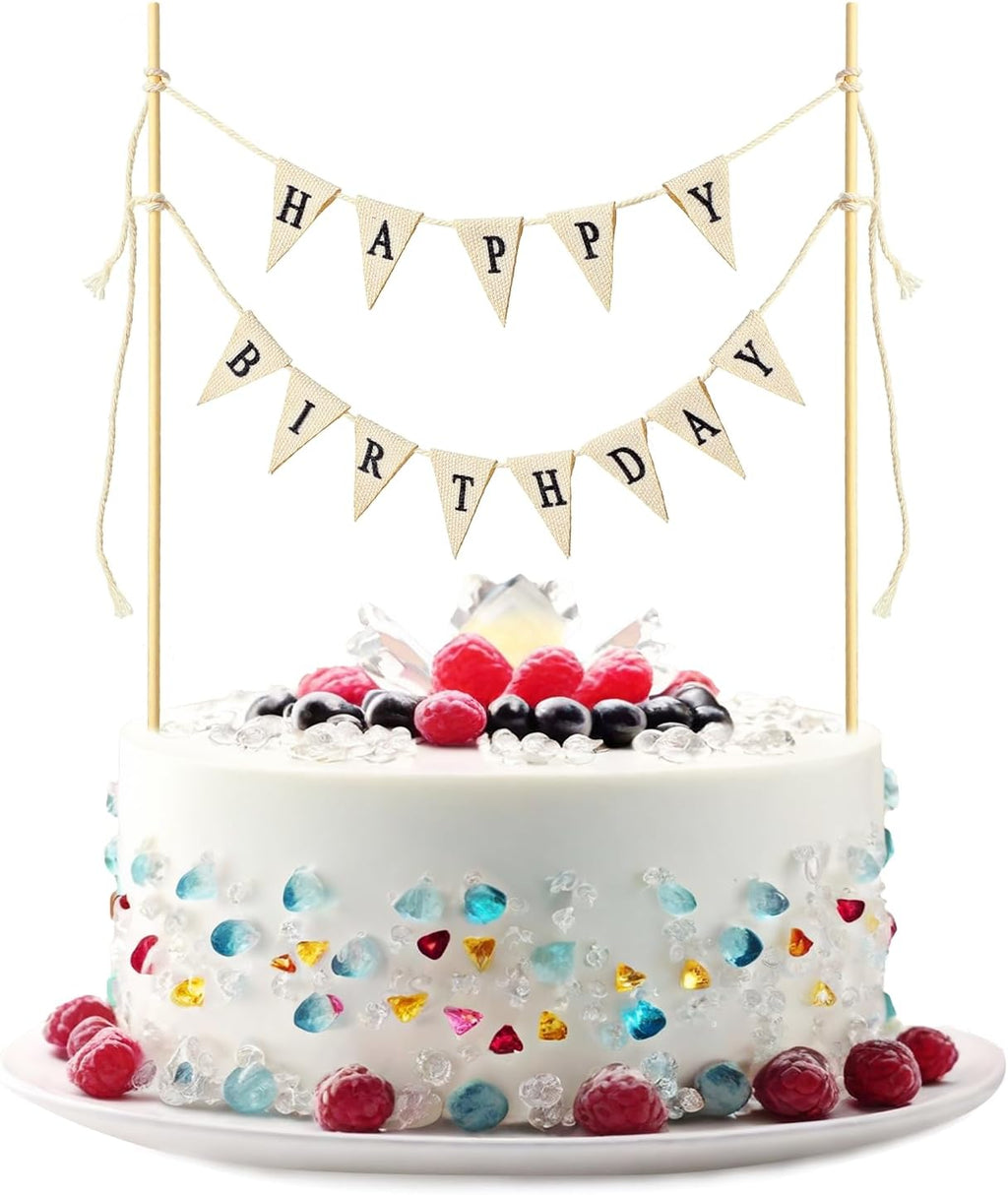 Beige Handmade Happy Birthday Cake Toppers - Banner, Topper, Garland, Sign & Bouquet Topper With Wood Pole