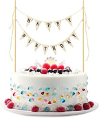 Beige Handmade Happy Birthday Cake Toppers - Banner, Topper, Garland, Sign & Bouquet Topper With Wood Pole