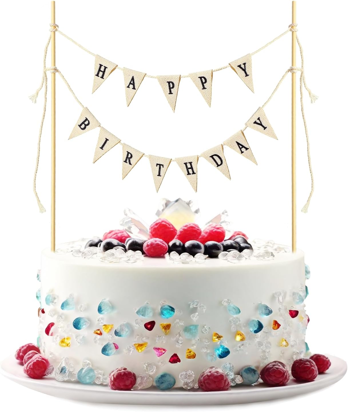 Beige Handmade Happy Birthday Cake Toppers - Banner, Topper, Garland, Sign & Bouquet Topper With Wood Pole