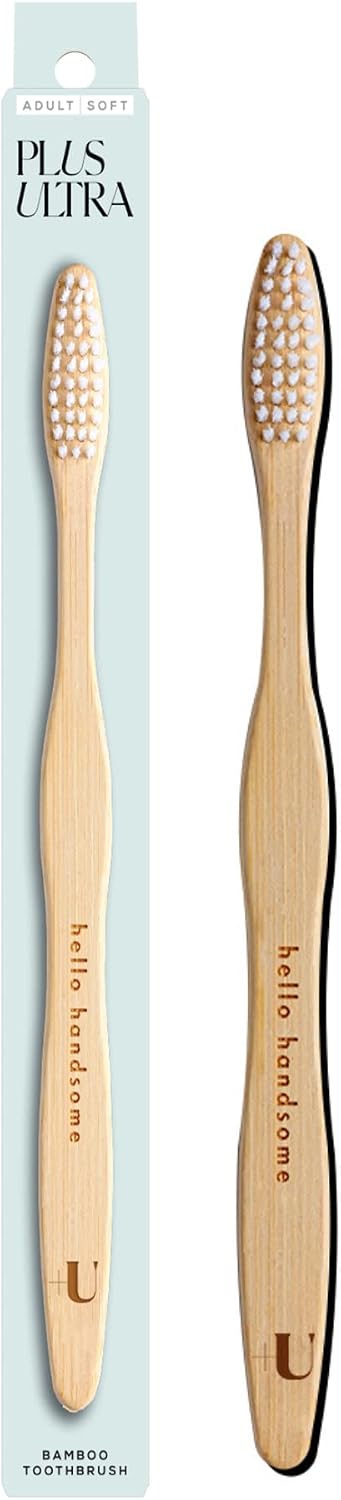 Plus Ultra Bamboo Toothbrush - BPA Free Soft Bristle for Adults - Dentist-Approved All-Natural with “Hello Handsome Etched on Handle
