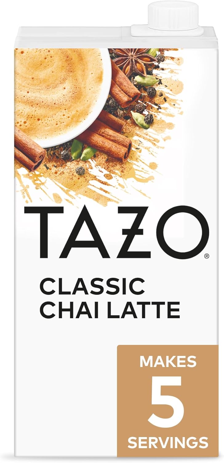 TAZO Classic Chai Latte, Black Tea Concentrate, Easy-to-Serve Caffeinated Chai Tea for Everyday Lattes, Mocktails and Hot or Iced, 32 oz Carton