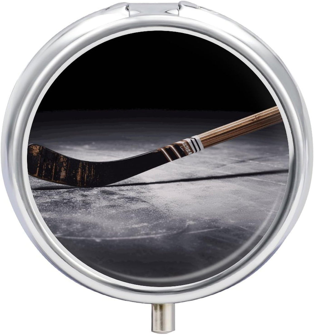 Hockey Stick Pill Organizer 3 Compartment Travel Pillbox with Mirror Daily Medicine Pill Case Metal Pill Box for Purse & Pocket Portable Small Medicine Box Round Vitamin Case Container
