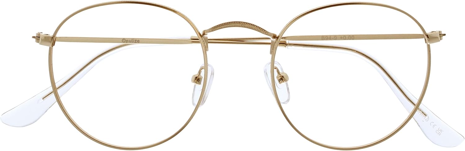 OPULIZE SOL Reading Glasses with Blue Light Blocking for Women and Men, Round Metal Frame, Spring Hinges, Computer Gaming Glasses, Gold +2 (Pack of 1)