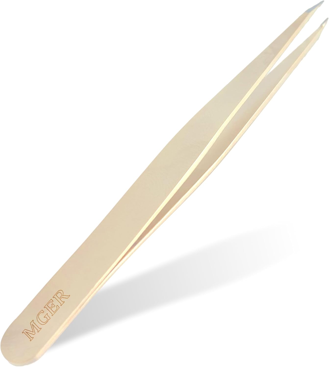 Pointed Tweezers for Women Facial Hair, Professional Stainless Steel Tweezers for Eyebrow, Chin Hair and Ingrown Hair Removal (Gold)