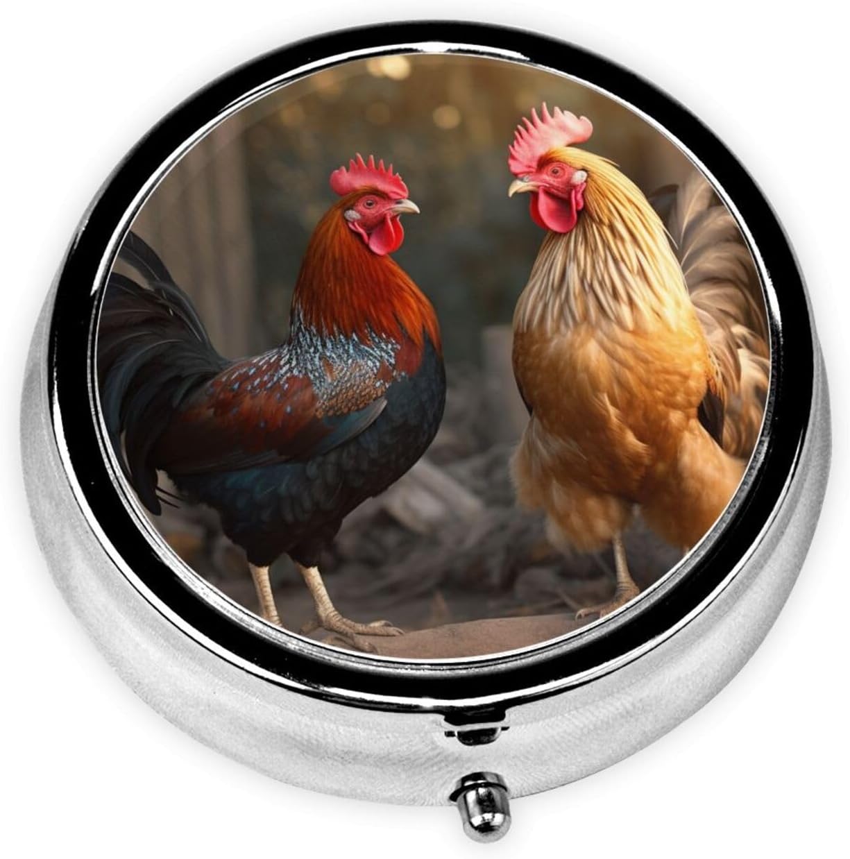 Rooster and Chicken Pill Box 3 Compartment Metal Pill Case Portable Travel Pill Organizer for Pocket or Purse Decorative Round Medicine Box Vitamin Container Unique Gift