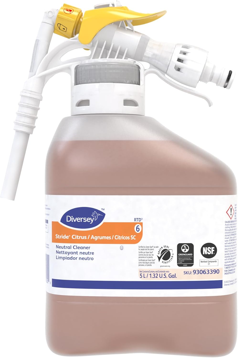 Diversey 93063390 Stride Citrus SC Neutral Cleaner, Commercial Floor Cleaner, Citrus Scent, Ready-to-Dispense (RTD) Concentrate, 5-Liter