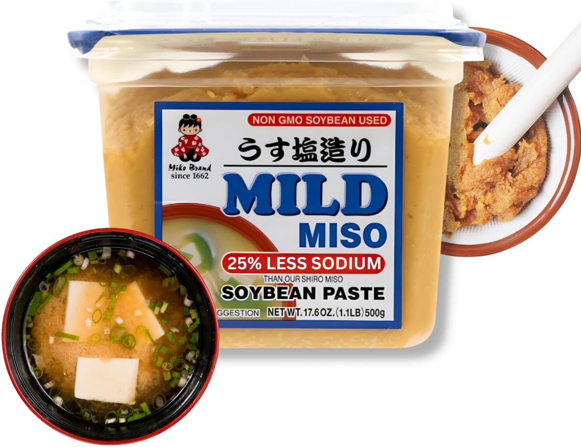Miko Japanese White Miso, Shiro Miso Paste- 25% Low Sodium Miso Paste, All Natural Sweet Light Flavor, NON GMO 17.6oz Per Pack