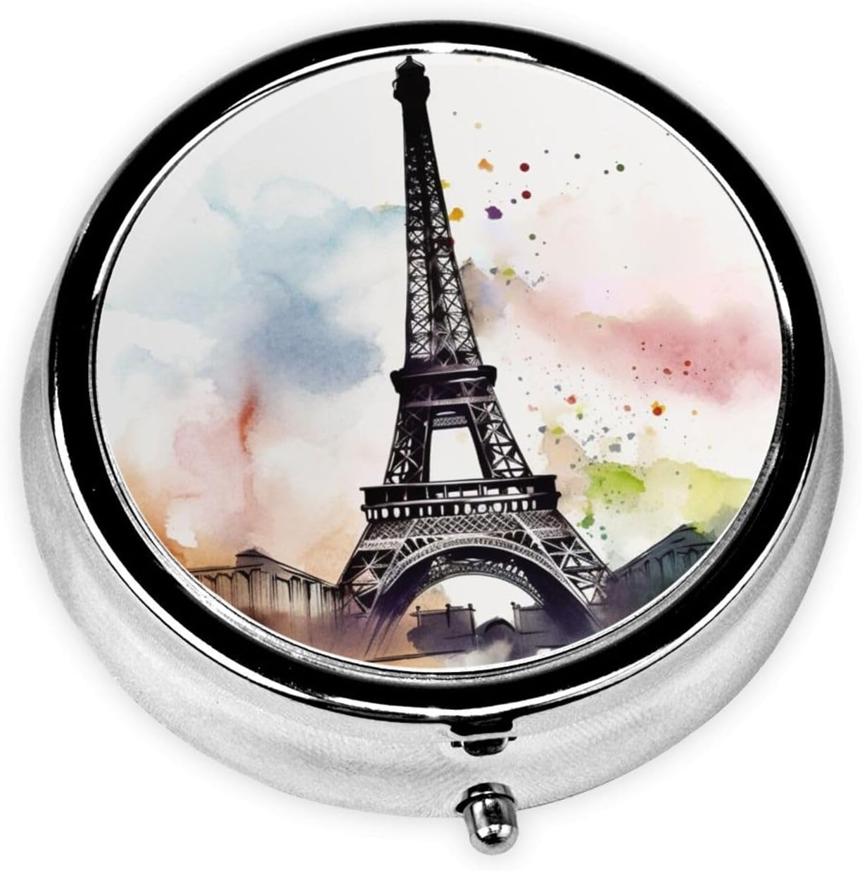 Pill Box Paris Eiffel Tower Round Pill Case for Purse Pocket 3 Compartment Medicine Pill Organizer Small Metal Pill Container Holder Portable Travel Pillbox to Hold Vitamins Fish Oil Supplements
