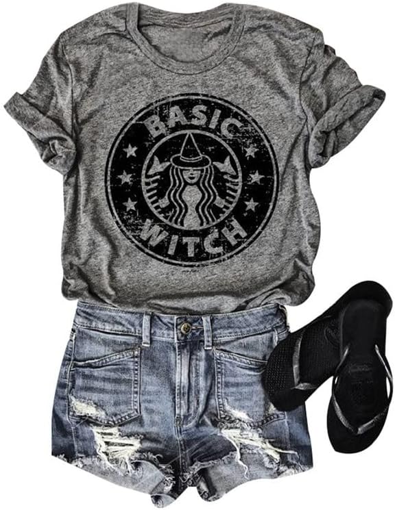 Basic Witch Tshirt for Women Coffee Graphic Shirt Vintage Coffee Lover Tee Funny Caffeine Themed Short Sleeve Tops