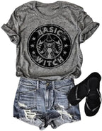 Basic Witch Tshirt for Women Coffee Graphic Shirt Vintage Coffee Lover Tee Funny Caffeine Themed Short Sleeve Tops
