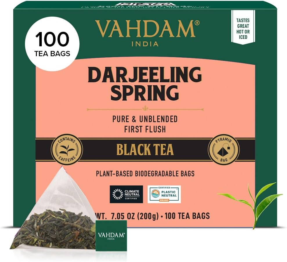 VAHDAM, Exotic Darjeeling First Flush Tea Leaves (100 Black Tea Bags) High Caffeine, Non GMO, Gluten Free | Aromatic & Robust | Unblended First Flush Darjeeling Tea Bags | Resealable Ziplock Pouch