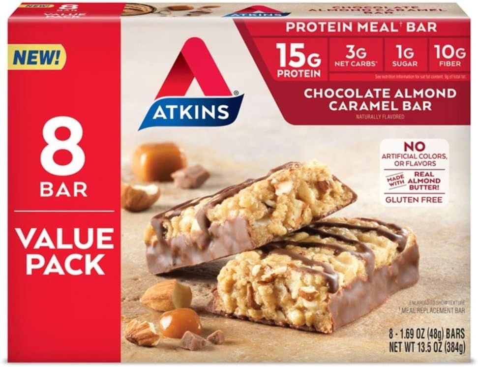 Atkins Chocolate Almond Caramel Protein Meal Bar, High Fiber, 15g Protein, 1g Sugar, 3g Net Carbs, Meal Replacement, Keto Friendly, 8 Count