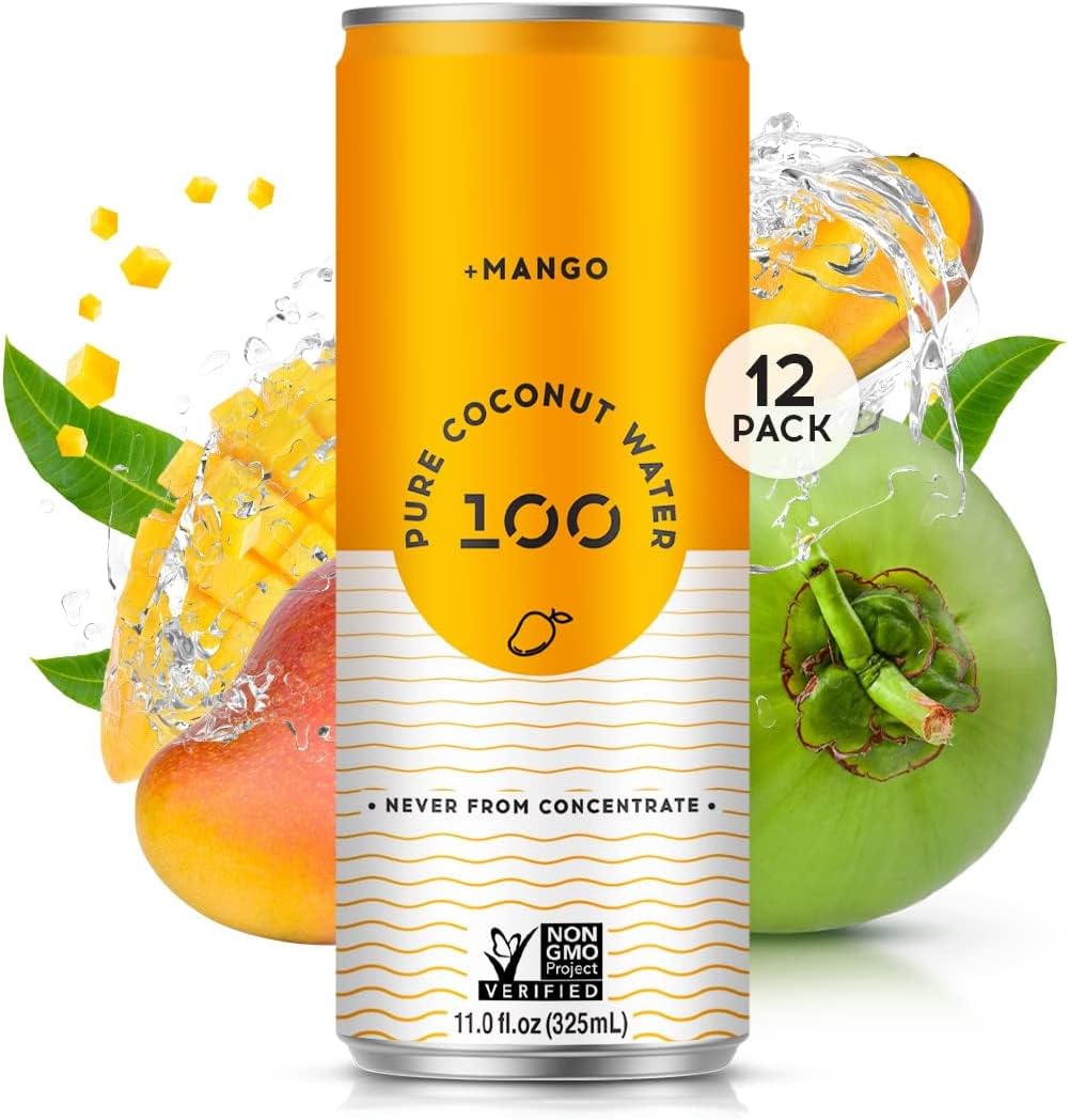 100 Coconuts Mango Pure Coconut-100% Pure Coconut Water - Low Calorie All-Natural Drink with Electrolytes - Naturally Sweet, no preservatives- Non-GMO, 11 fl oz, Pack of 12 (Pure Coconut Water)