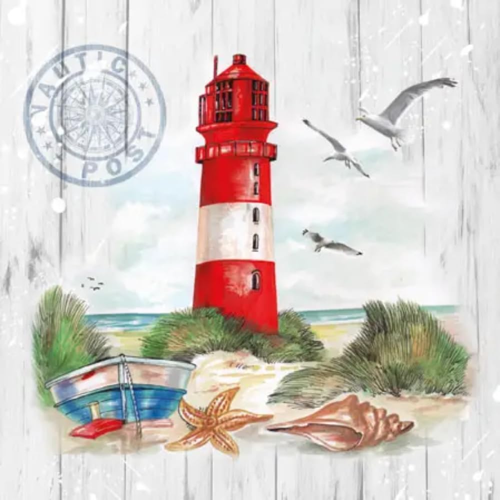 Ambiente Lighthouse Cocktail Napkins, 5 x 5 inches, 3-Ply, 20 Per Pack, Beach Design, Beverage Napkin, Party Napkin, Barware