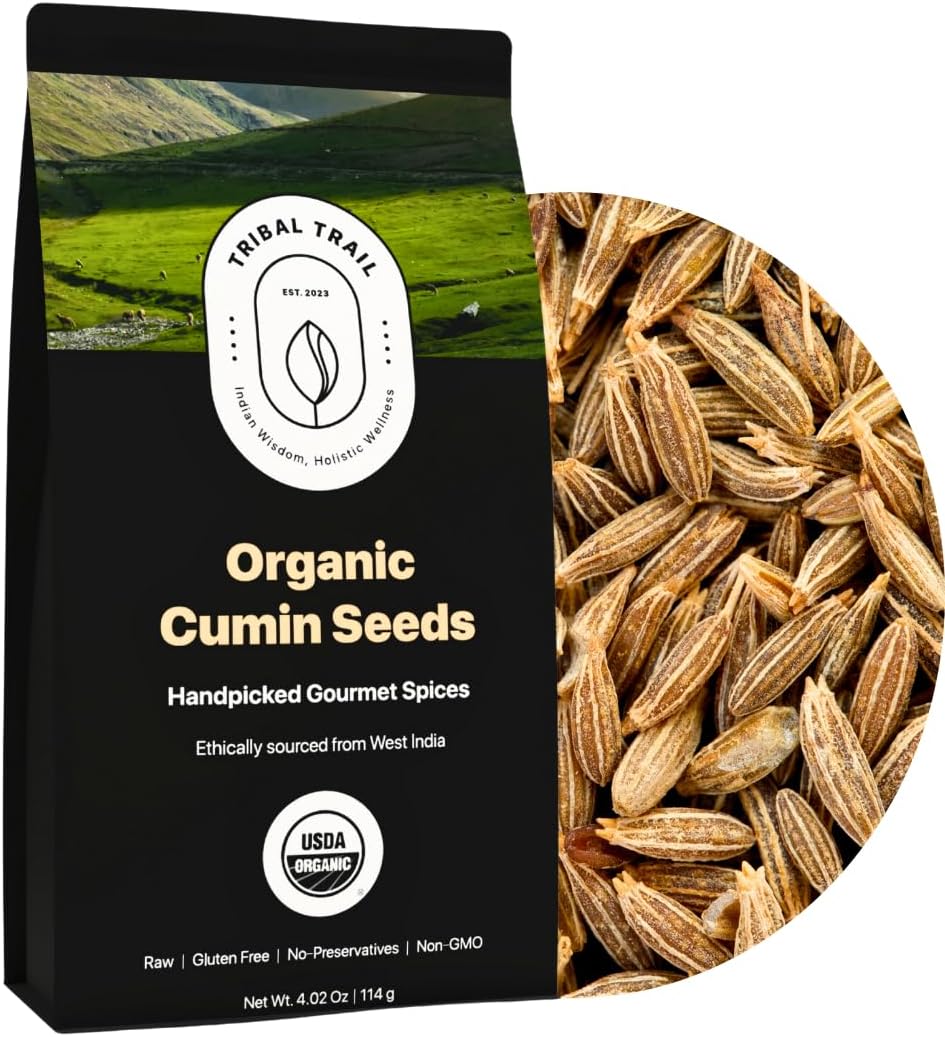 Tribal Trail Cumin Seeds Organic (Whole) | 4.02 oz | USDA Organic & Non-GMO | Recyclable Kraft Bags | Best for Cooking, Seasoning & Spice Blends | Ethically Sourced Spices from India