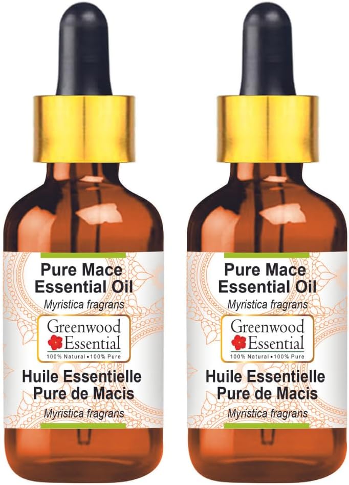 Greenwood Essential Pure Mace Essential Oil (Myristica fragrans) with Glass Dropper Steam Distilled (Pack of Two) 100ml X 2 (6.76 oz)