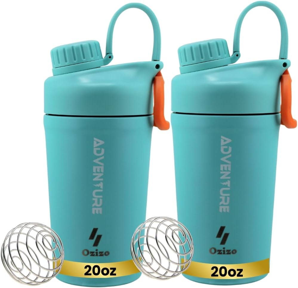 Ozizo 2 Pack Stainless Steel Protein Shaker Bottle, Insulated Shaker Cup for Protein Mixes (Blue (20oz) + Blue (20oz))