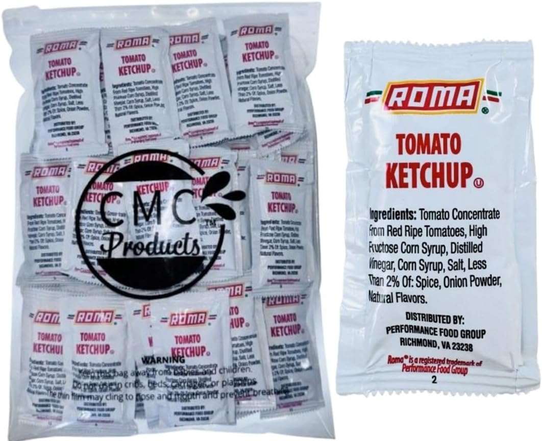 Roma Tomato Ketchup Packets – 50 Count (9g Each) in Resealable Slide Seal Bag – Packaged by CMC Products