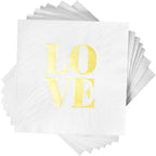 100 Pack of 'Love' White and Gold Wedding Napkins - Disposable Party Napkins for Cocktail, Bar, Bachelorette, Engagement and Beverage Events