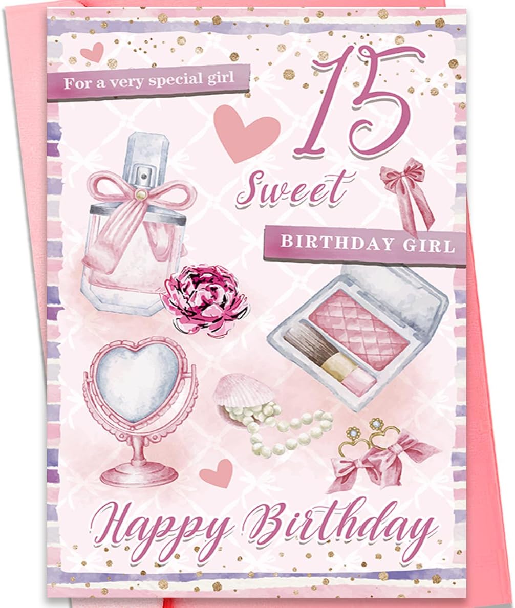 Happy 15th Birthday Card for Girls, Sweet Fashion Bithday Card for 15th Girls, Pink Beauty Themed Card,Birthday Card for Special Daughter Granddaughter, Perfume, Makeup & Pearl Design