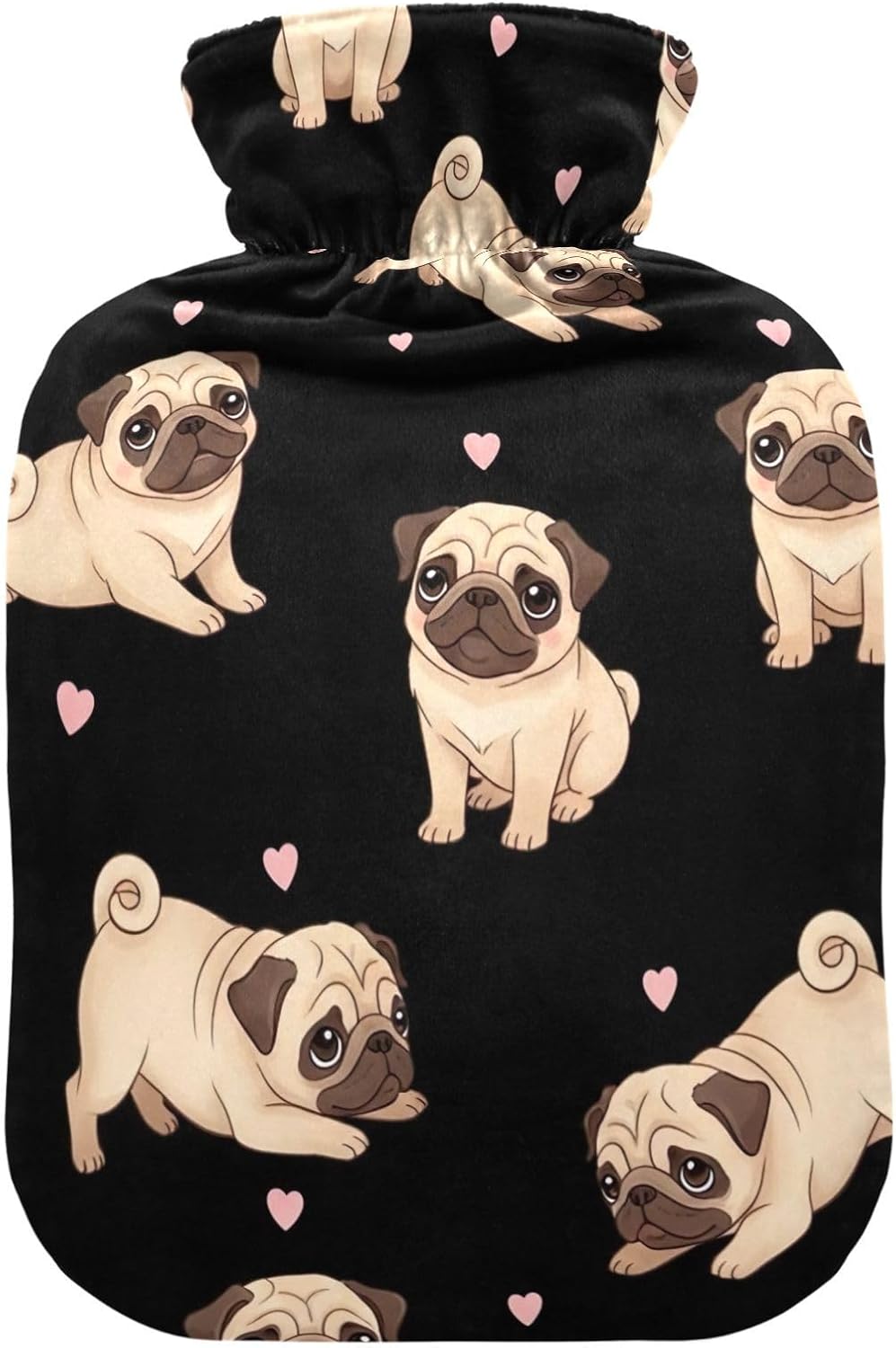 Cute Pug Dogs Black Hot Water Bottles with Velvet Cover Hot Water Bag for Neck, Shoulder and Menstrual Cramps Medium